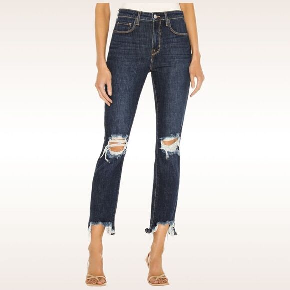 L'AGENCE High Line Women's Distressed Raw Hem Dark Washed Skinny Jeans Size 26 - Picture 1 of 5
